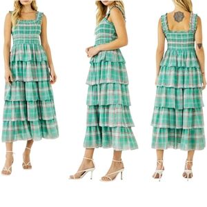 ENGLISH FACTORY Midaxi Smocked Sundress Green Plaid Tiered Square Neck Cottage L